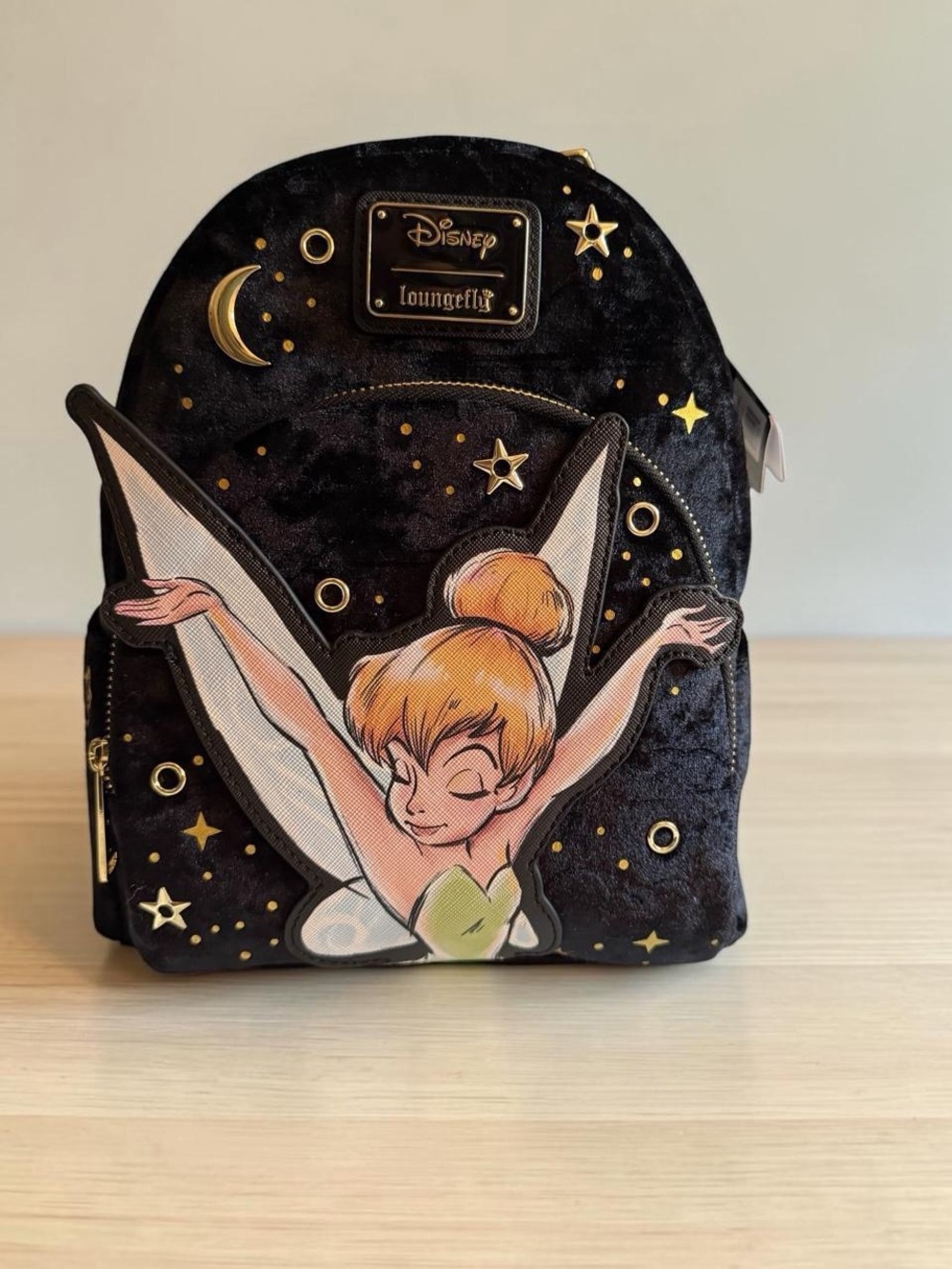 Loungefly Black Velvet Tinker Bell Mini Backpack with Gold Accents